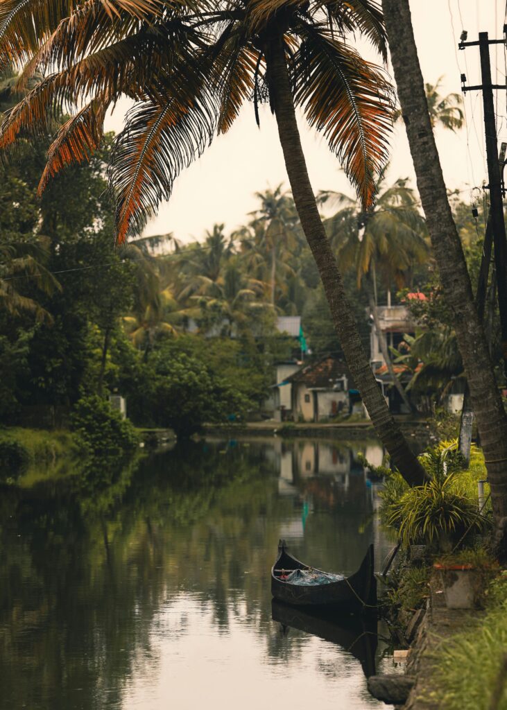 Tranquil scene of a boat moored along the Kerala backwaters surrounded by lush greenery and palm trees at sunset.